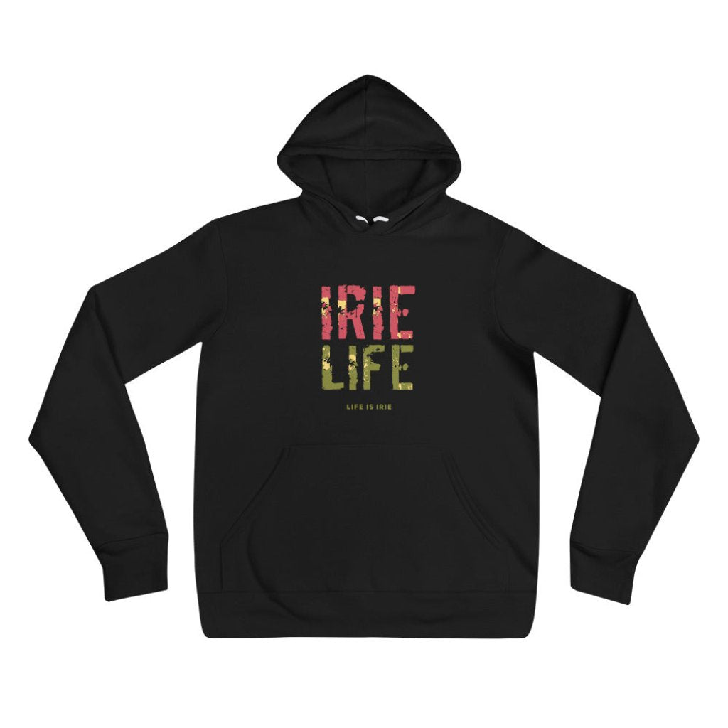 Black knit pullover featuring front "irie life" text in Reggae colors of red, gold, green.