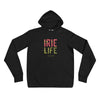 Black knit pullover featuring front "irie life" text in Reggae colors of red, gold, green.