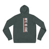 Gender neutral knit pullover hoodie in Heather Forest green featuring on back "life is irie" text with Reggae colors, red, gold, and green.