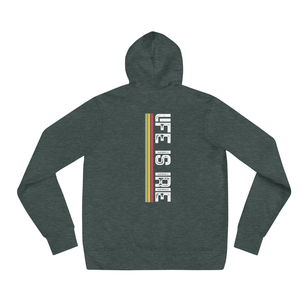 Gender neutral knit pullover hoodie in Heather Forest green featuring on back "life is irie" text with Reggae colors, red, gold, and green.