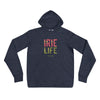 Heather navy knit pullover featuring front "irie life" text in Reggae colors of red, gold, green.