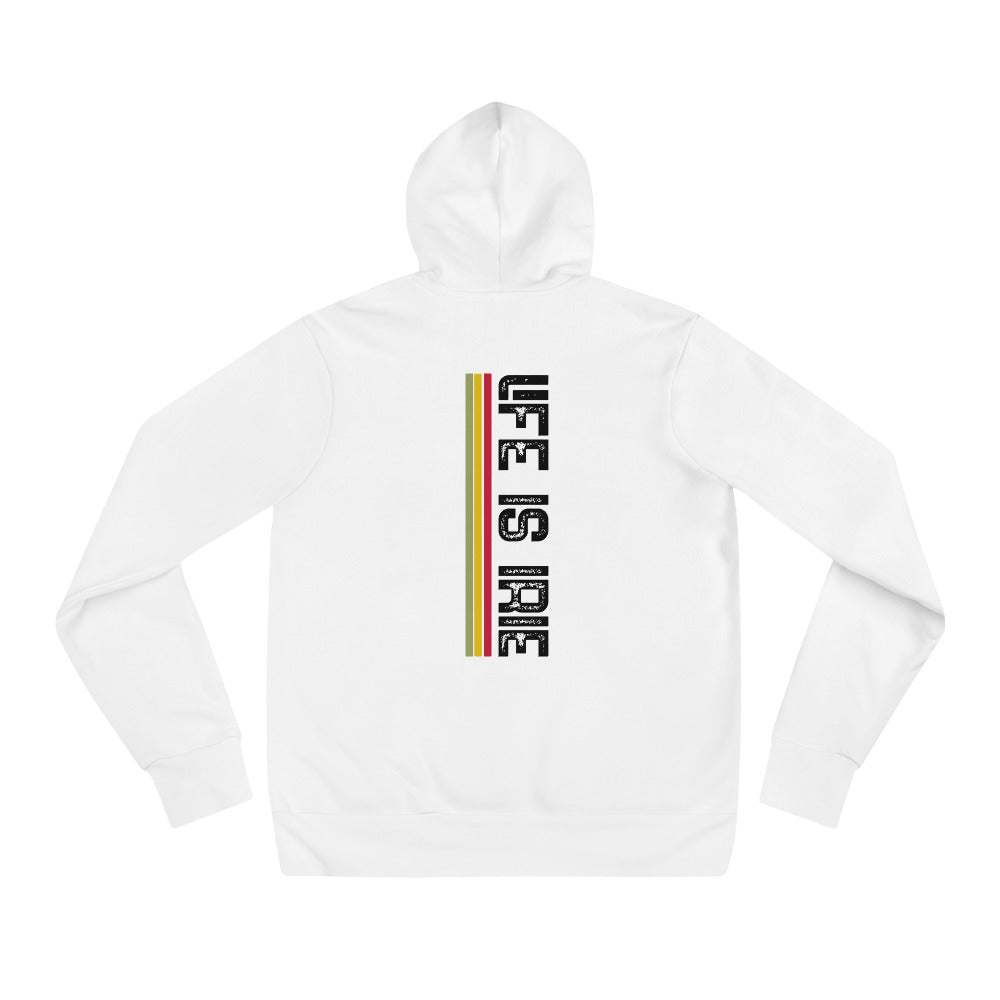 Gender neutral knit pullover hoodie in White featuring on back "life is irie" text with Reggae colors, red, gold, and green.