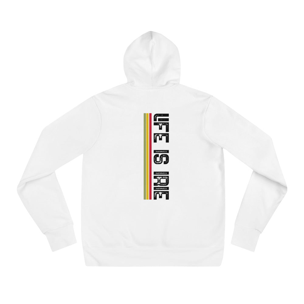 Gender neutral knit pullover hoodie in White featuring on back "life is irie" text with Reggae colors, red, gold, and green.