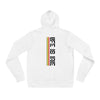 Gender neutral knit pullover hoodie in White featuring on back "life is irie" text with Reggae colors, red, gold, and green.