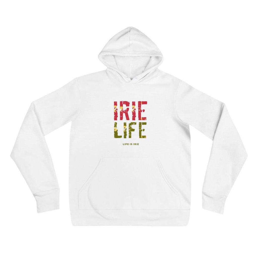 White knit pullover featuring front "irie life" text in Reggae colors of red, gold, green.