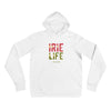 White knit pullover featuring front "irie life" text in Reggae colors of red, gold, green.