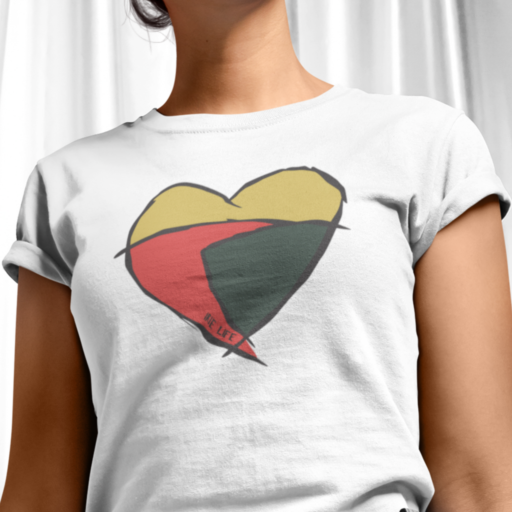 White knit t-shirt featuring front 'heart' graphic.  Gender neutral.