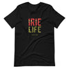 Black knit t-shirt featuring front "irie life" text in Reggae colors of red, gold, green. Classic crew neck. 