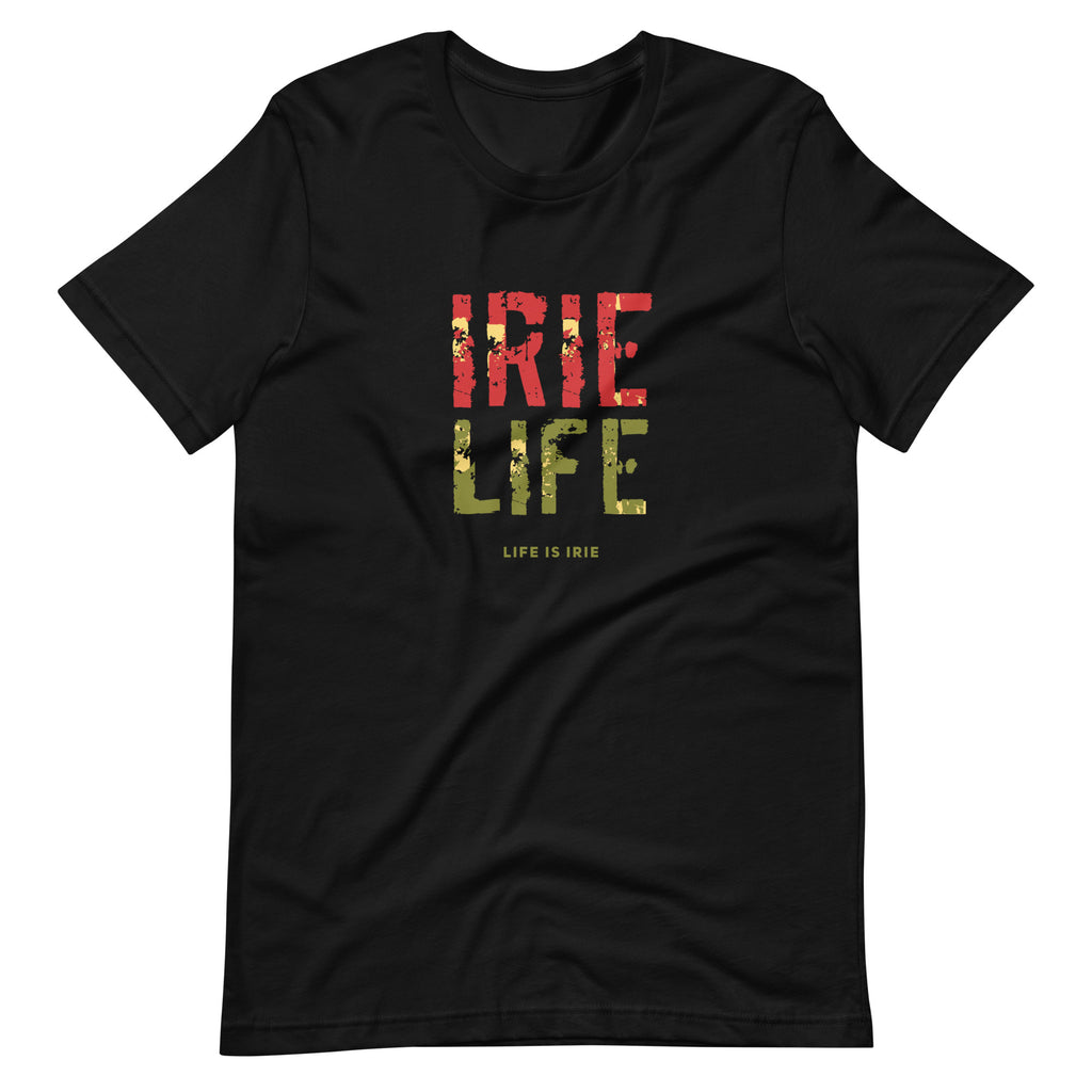 Black knit t-shirt featuring front "irie life" text in Reggae colors of red, gold, green. Classic crew neck. 