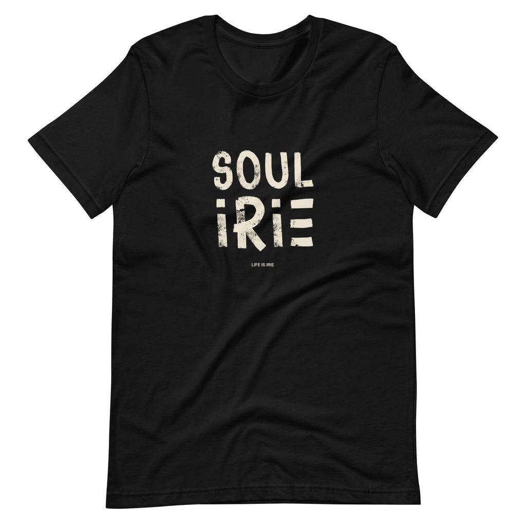 Black t-shirt featuring front "Soul irie" text