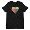 Black knit t-shirt featuring front 'heart' graphic.  Gender neutral.