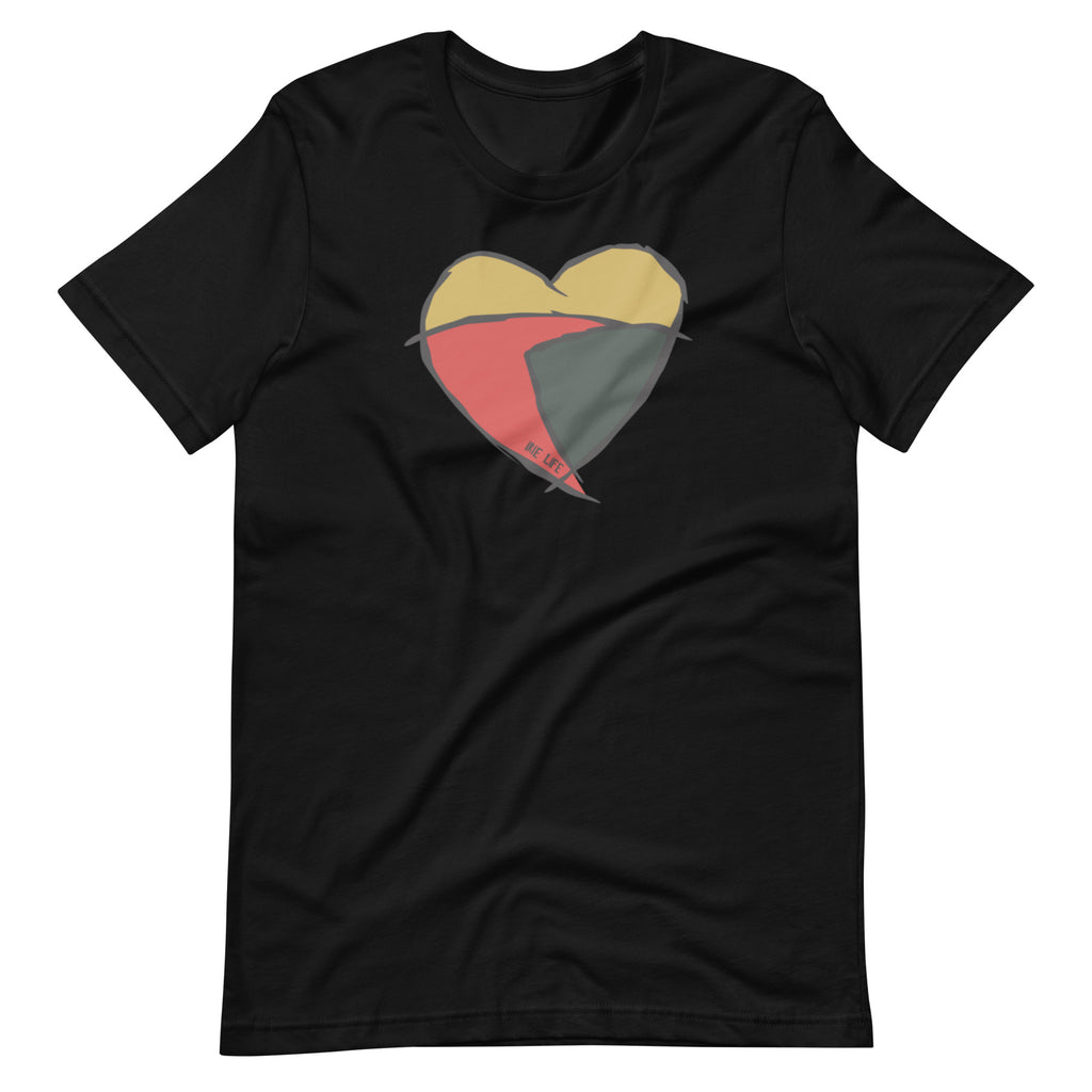 Black knit t-shirt featuring front 'heart' graphic.  Gender neutral.