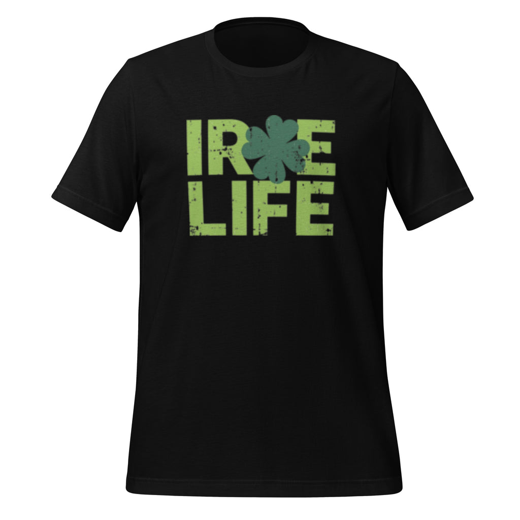 Black knit t-shirt featuring front four leaf clover graphic in green, inspired by Irish settlers to the Caribbean. 