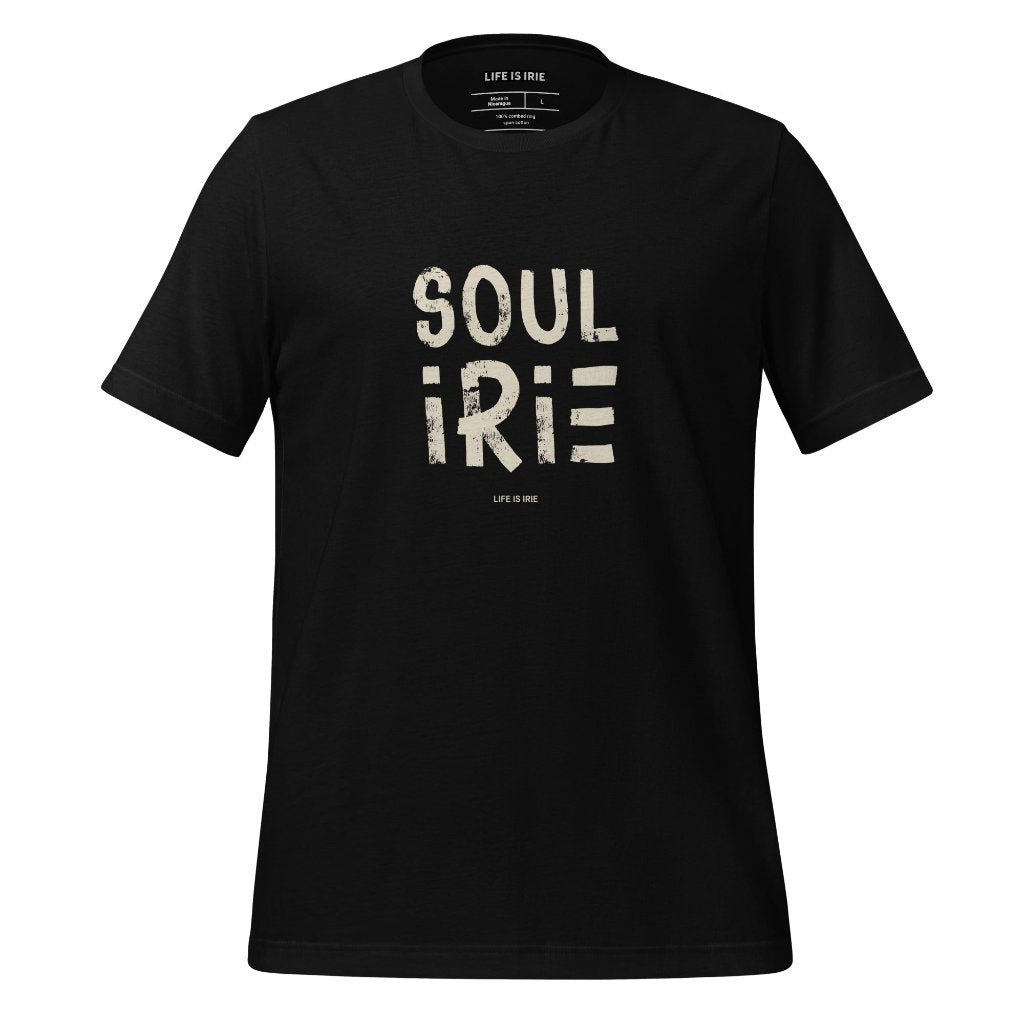 Black t-shirt featuring front "Soul irie" 