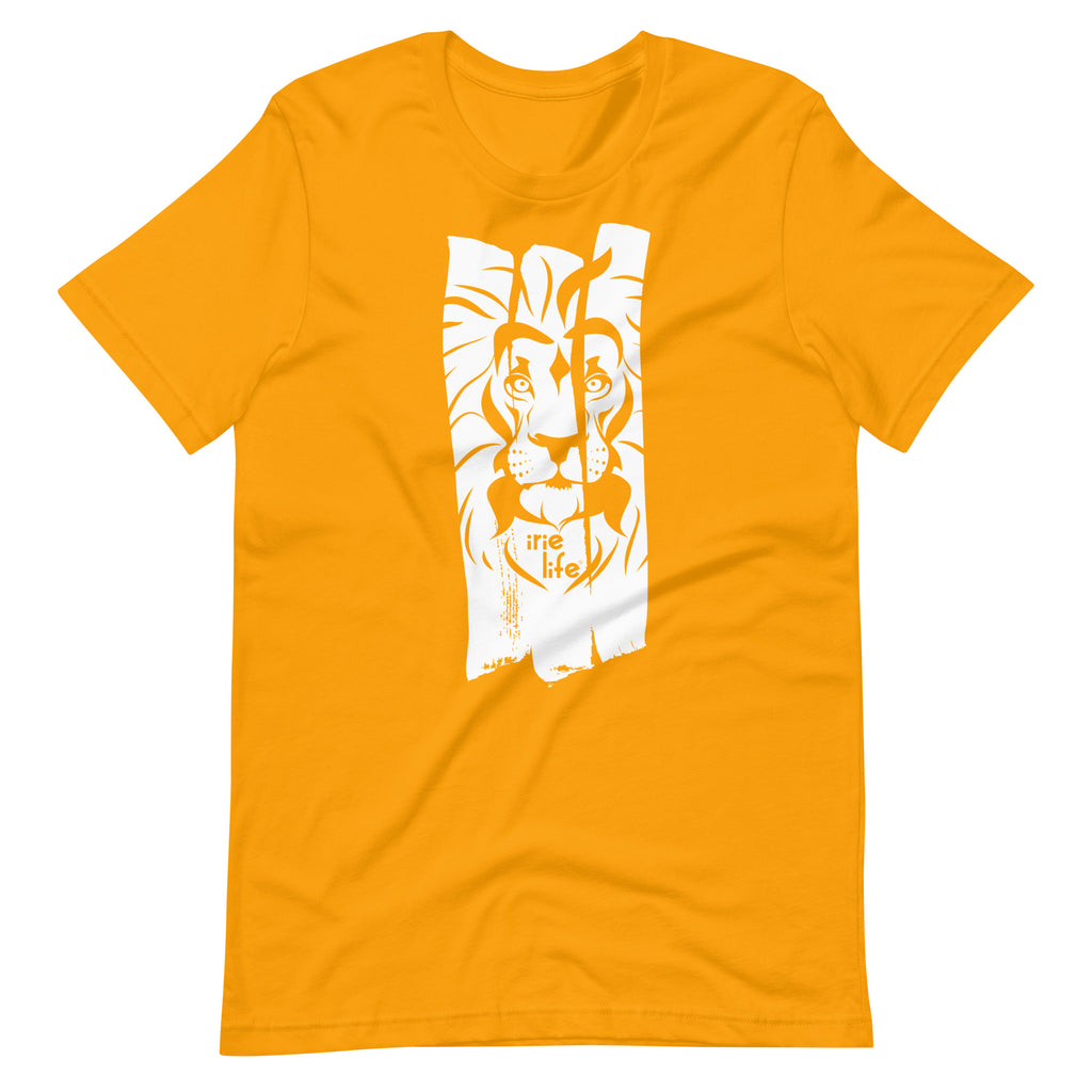 Golden yellow knit tee featuring front lion face graphic