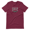 Maroon Knit tee featuring front "irie, life is irie" text graphic