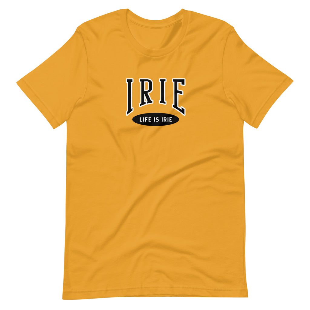 Mustard Knit tee featuring front "irie, life is irie" text graphic