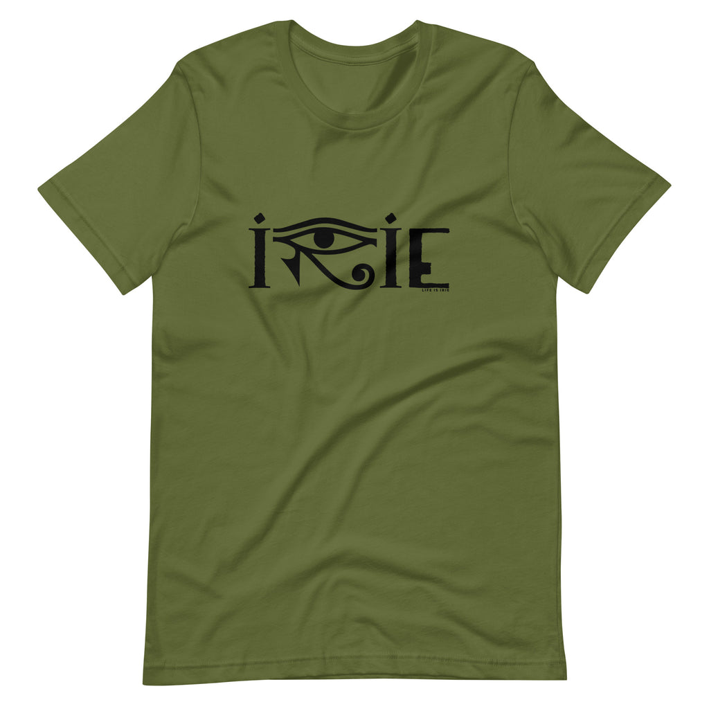 Olive knit t-shirt featuring front 'horus' graphic design