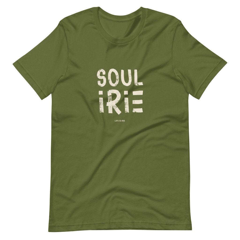 Olive green t-shirt featuring front "Soul irie" text 