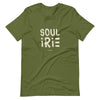 Olive green t-shirt featuring front "Soul irie" text 