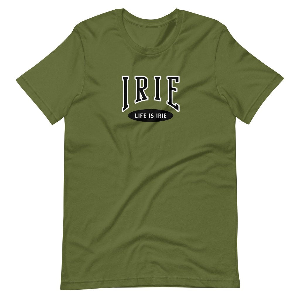 Olive Knit tee featuring front "irie, life is irie" text graphic