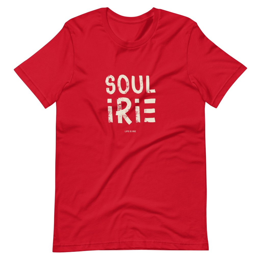 Red t-shirt featuring front "Soul irie" text