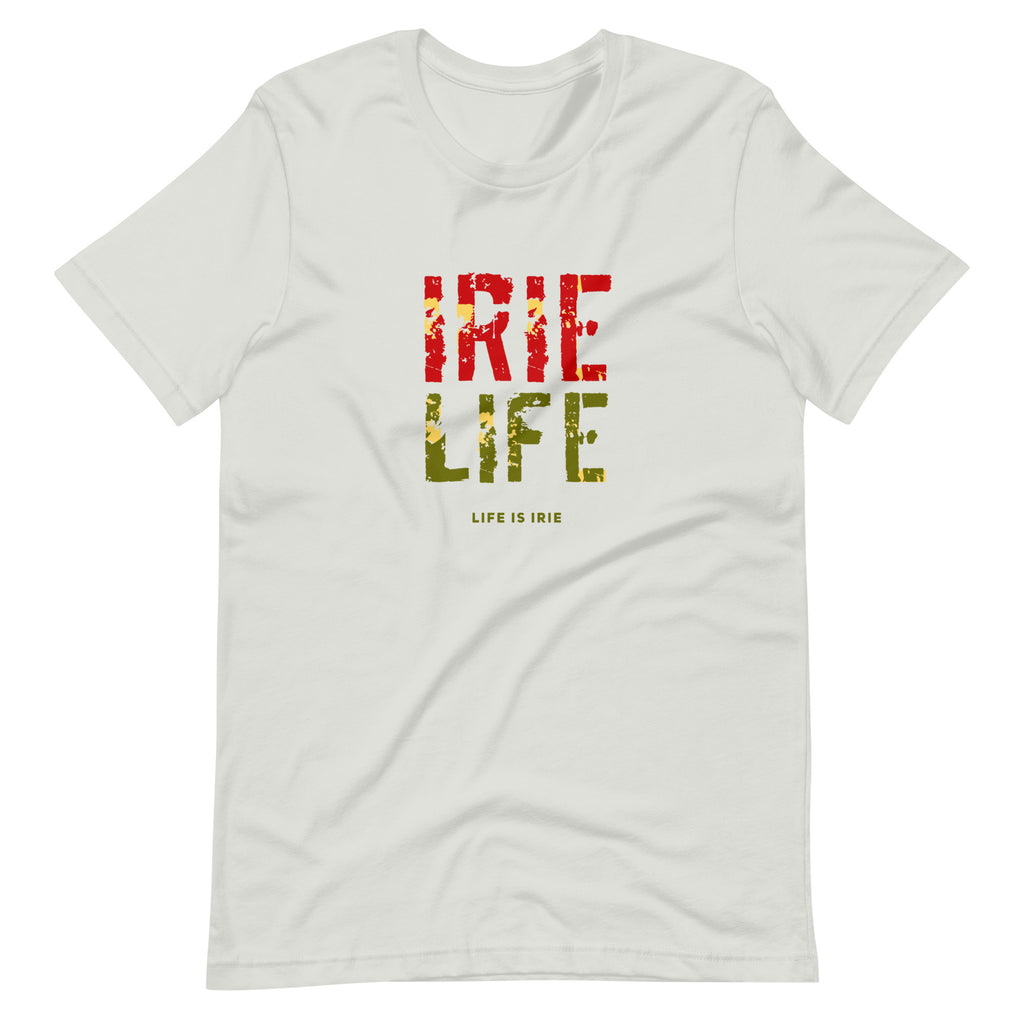 Silver Knit t-shirt featuring front "irie life" text in Reggae colors of red, gold, green. Classic crew neck. 