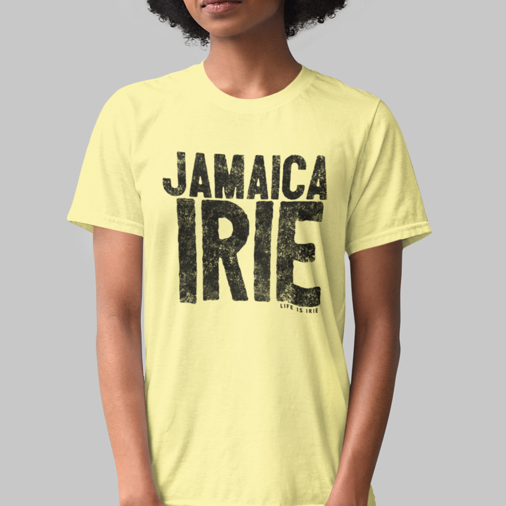 Yellow Knit t-shirt featuring front "Jamaica irie" text graphic.