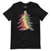 Black t-shirt with a colorful Christmas tree design on a white background