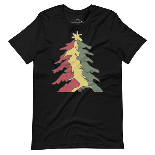 Black t-shirt with a colorful Christmas tree design on a white background