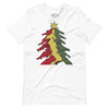 White t-shirt with a colorful Christmas tree design on a white background