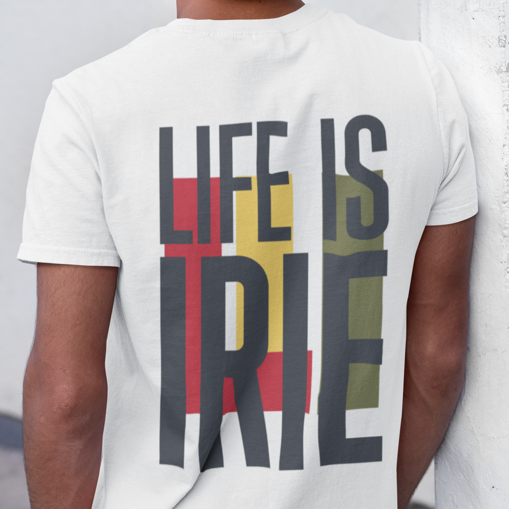 White knit t-shirt featuring front icon graphic in Reggae colors of red, gold, green. On the back "life is irie" logo graphic. 