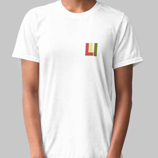 White knit t-shirt featuring front icon graphic in Reggae colors of red, gold, green. On the back "life is irie" logo graphic. 