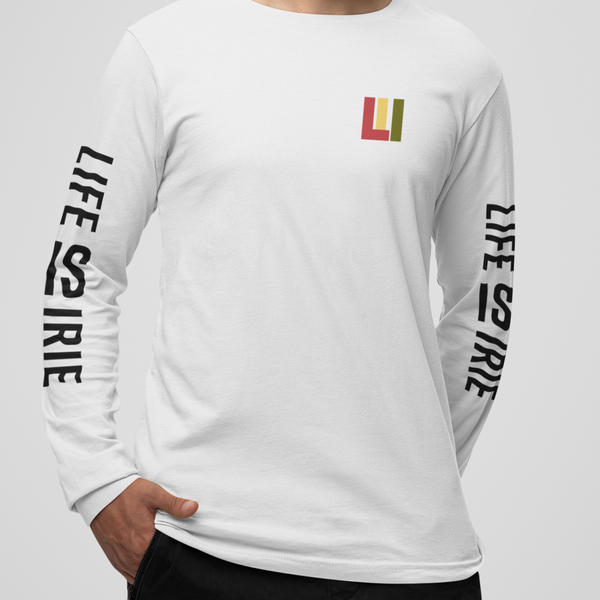 Knit long sleeve t-shirt featuring front 'life is irie' icon.  Sleeves featuring "life is irie" text graphic.