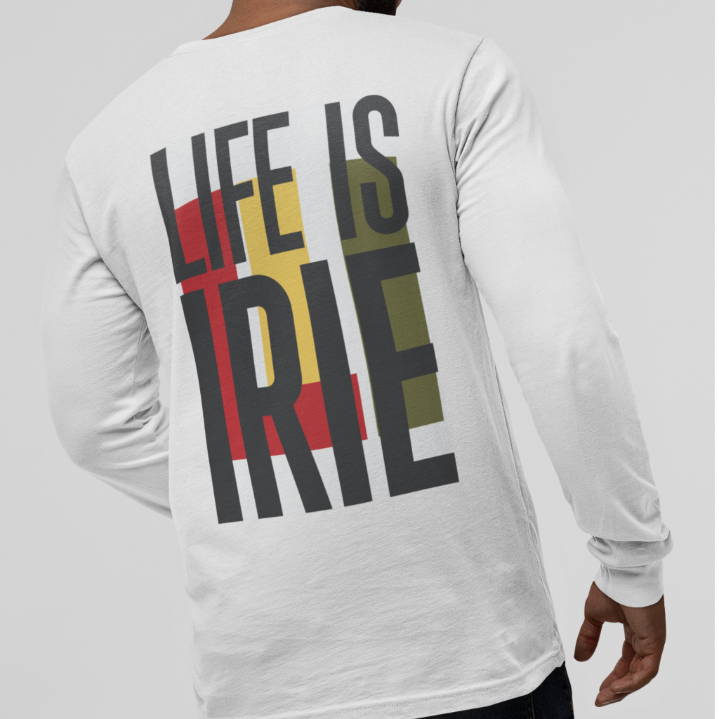 Gender neutral long sleeve t-shirt in white featuring front and back "life is irie" in Reggae colors of red, gold, green.    