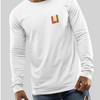 Gender neutral long sleeve t-shirt in white featuring front and back "life is irie" in Reggae colors of red, gold, green.    