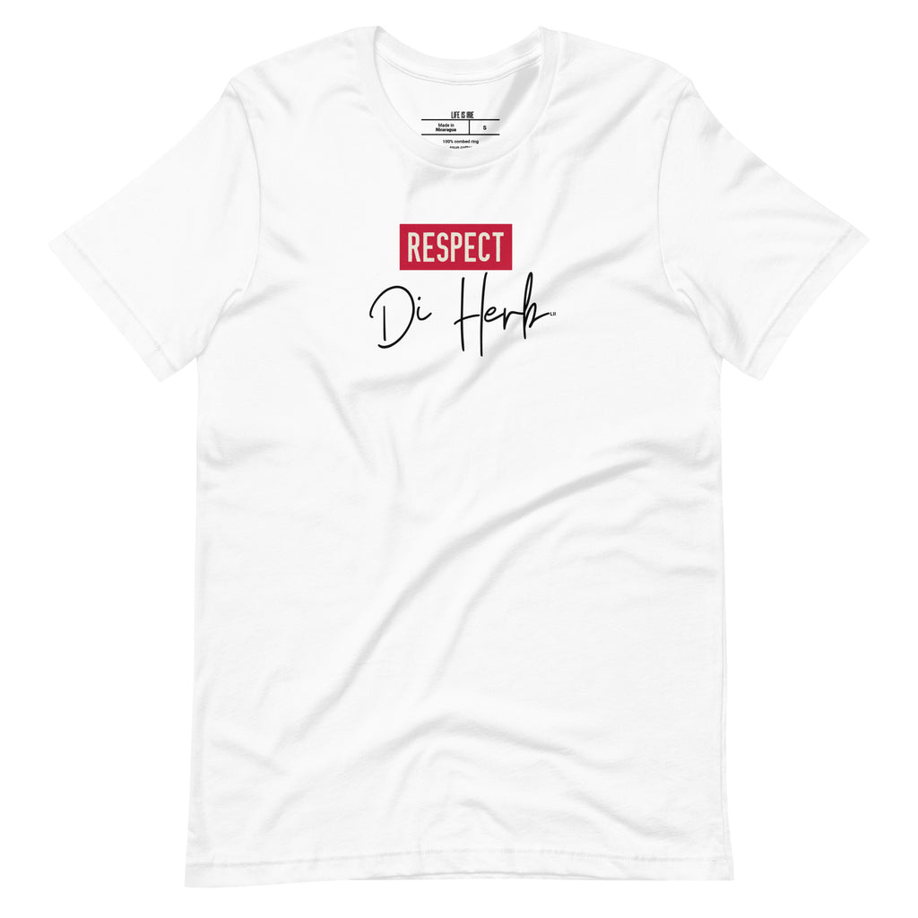 white-knit t-shirt featuring front "Respect di herb" text graphic. Unisex
