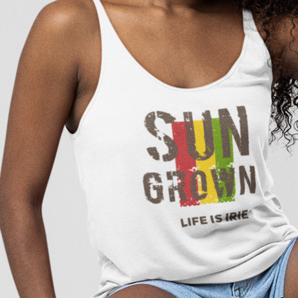 White Knit tank featuring front "SUN GROWN" text graphic in Reggae colors red, gold, green.  