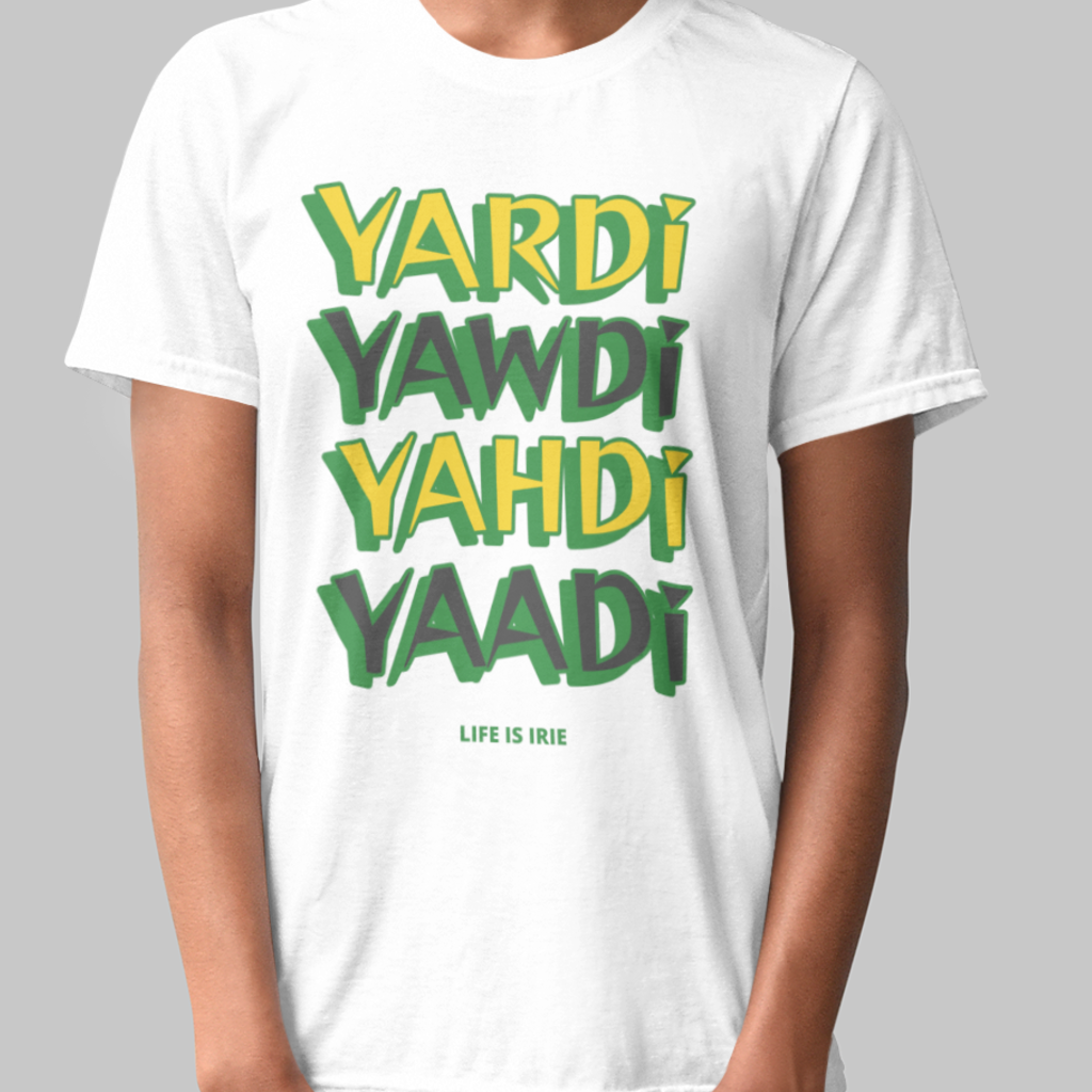 white knit t-shirt featuring front text graphic "Yardi, Yawdi, Yahdi, Yaadi"