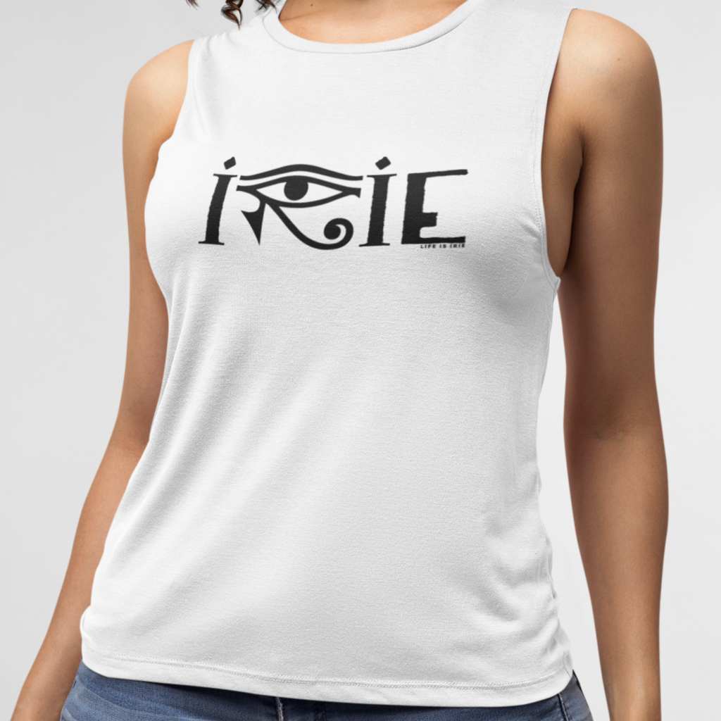 White Women's knit muscle tank top featuring "irie horus" art graphic. 