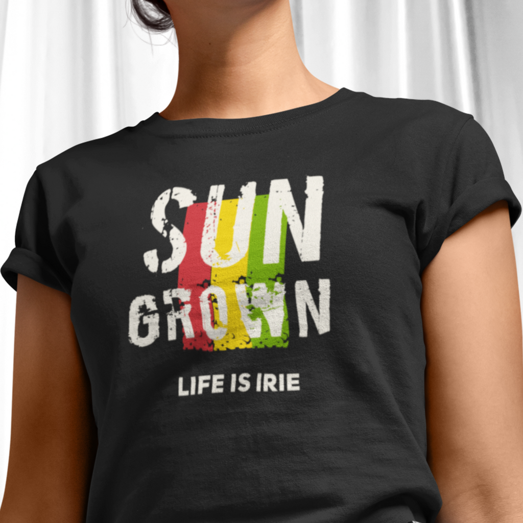 T-shirt featuring "sun grown" text in Reggae colors of red, gold, green. 