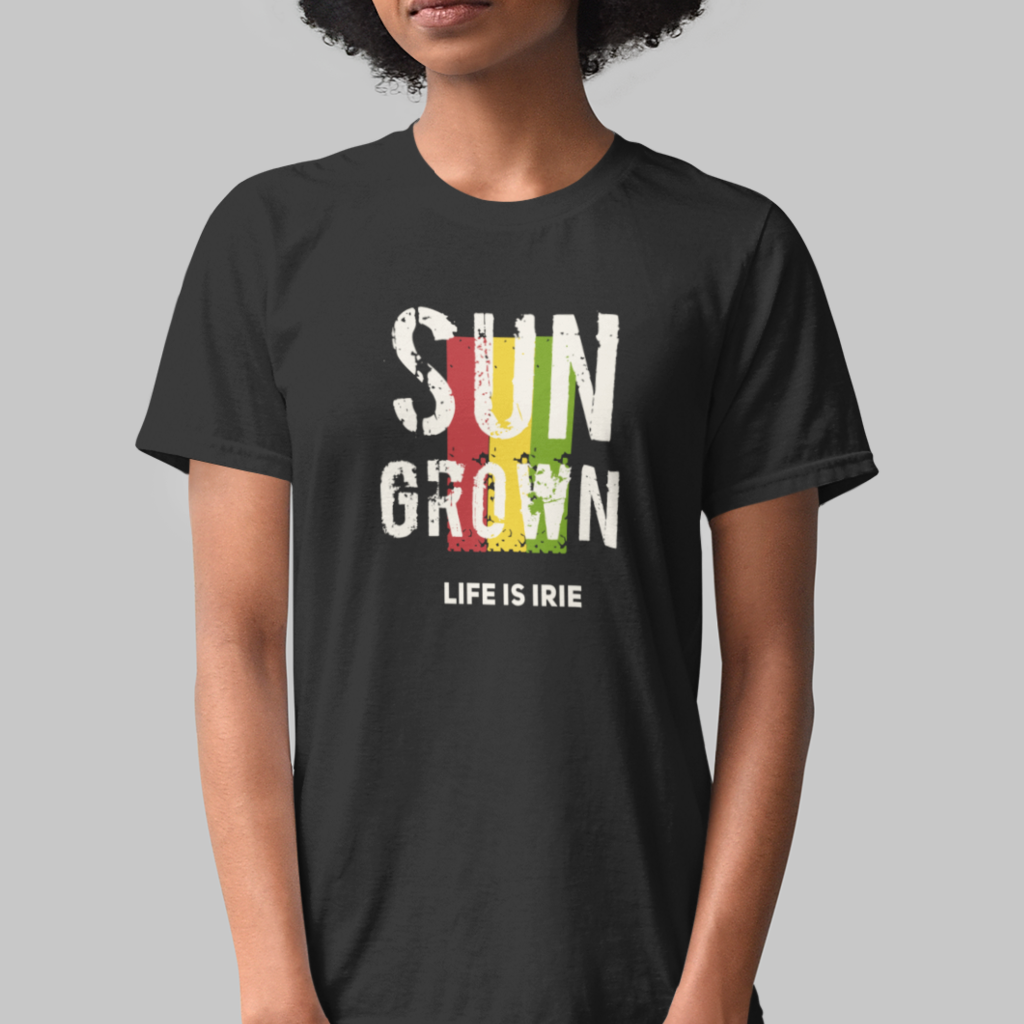 T-shirt featuring "sun grown" text in Reggae colors of red, gold, green.  