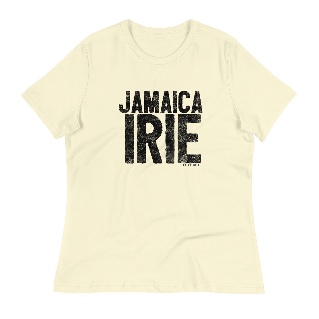 Citron ladies t-shirt featuring front "Jamaica irie" text in black