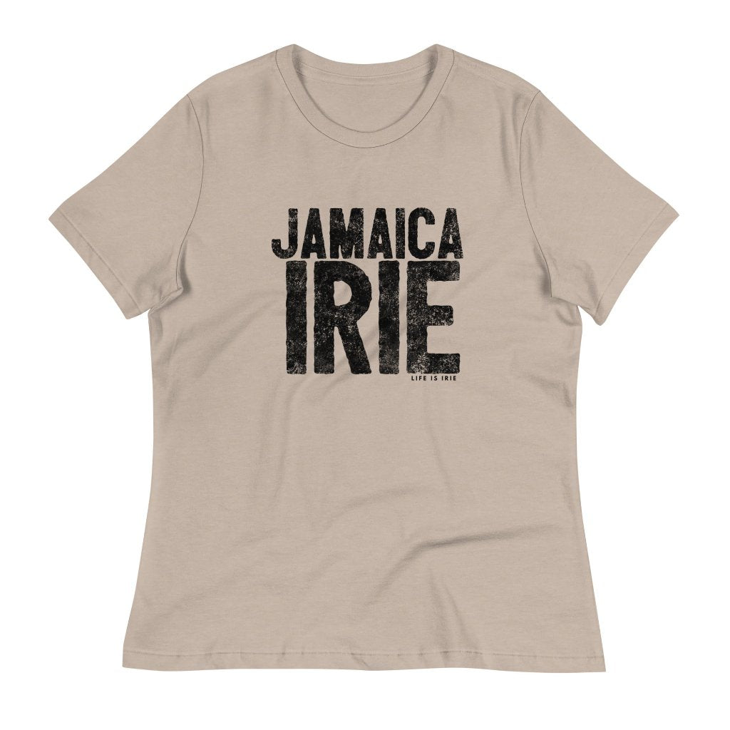 Natural stone ladies t-shirt featuring front "Jamaica irie" text in black