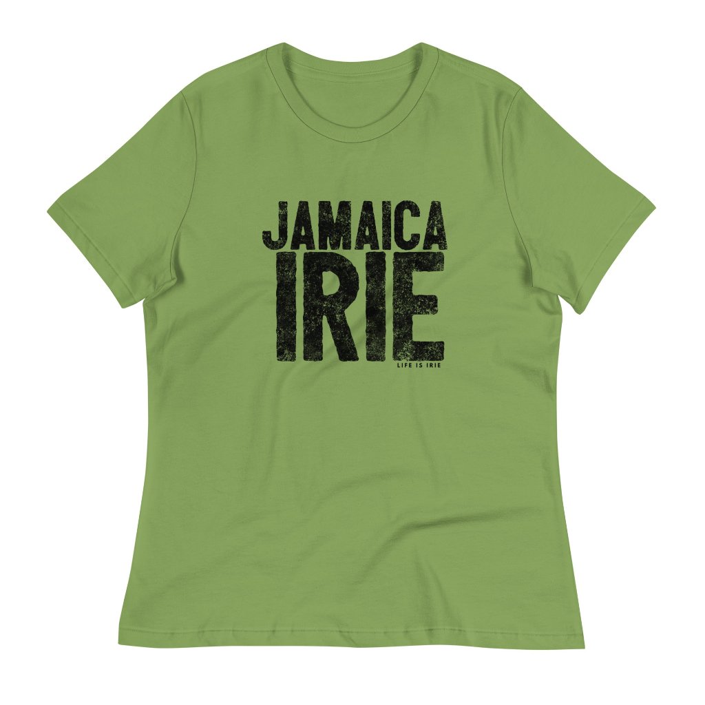 Leaf ladies t-shirt featuring front "Jamaica irie" text in black