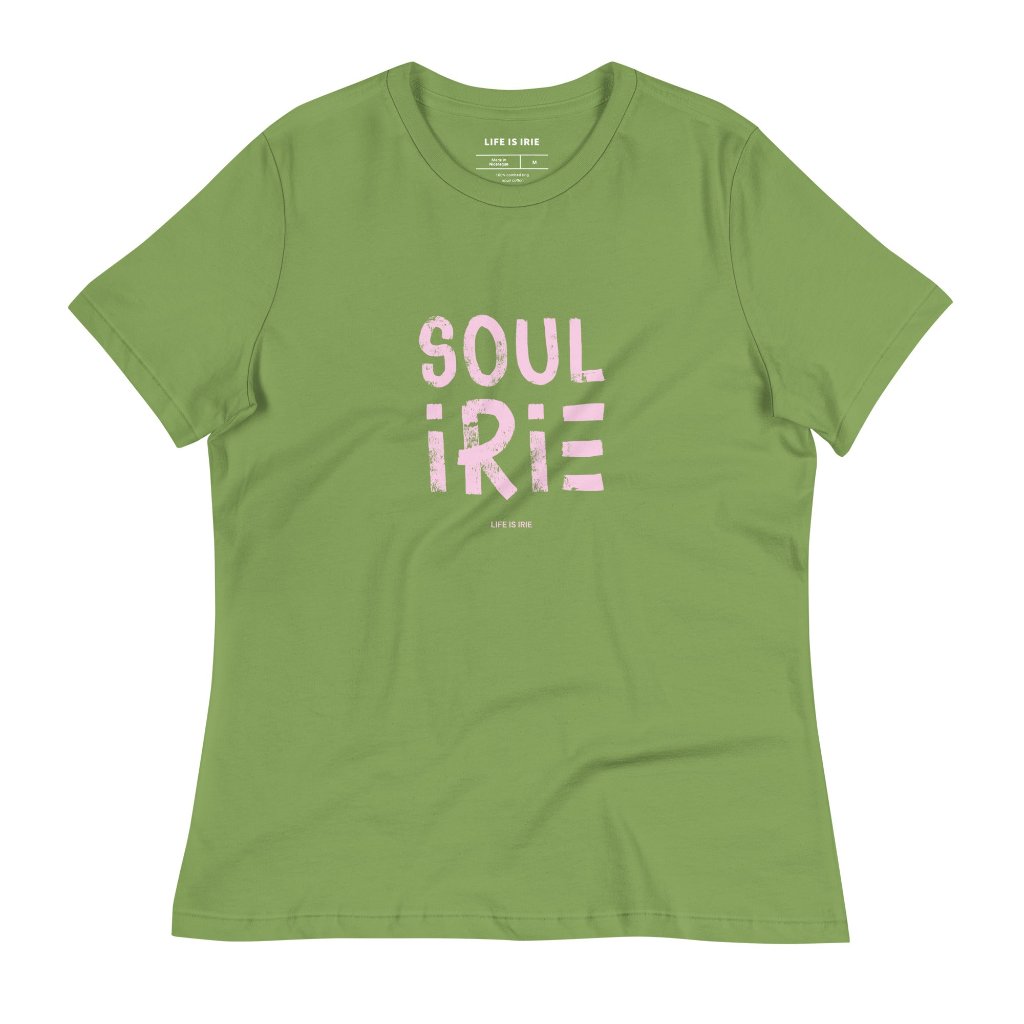 Leaf color t-shirt featuring "Soul irie" text  in pink