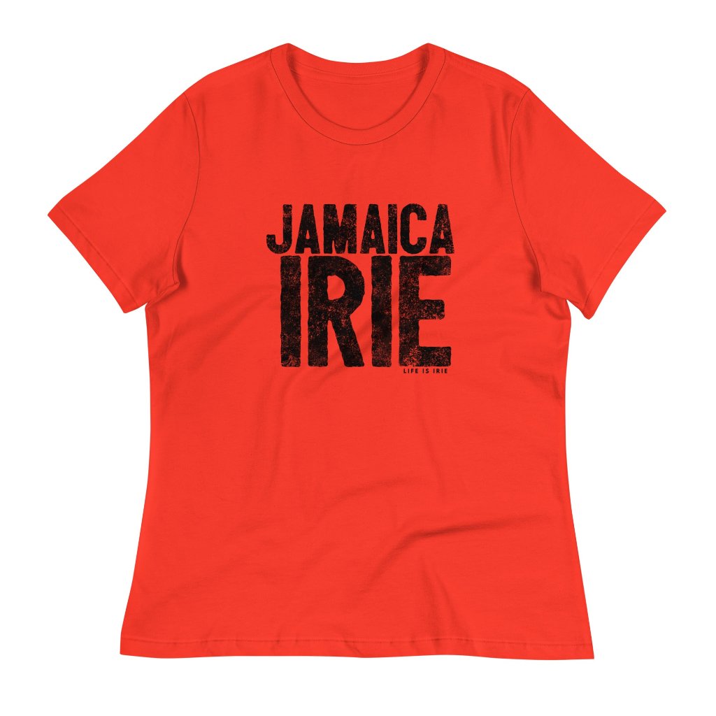 Poppy Red  ladies t-shirt featuring front "Jamaica irie" text in black