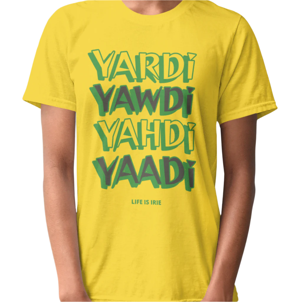 Yellow knit t-shirt featuring front text graphic "Yardi, Yawdi, Yahdi, Yaadi"