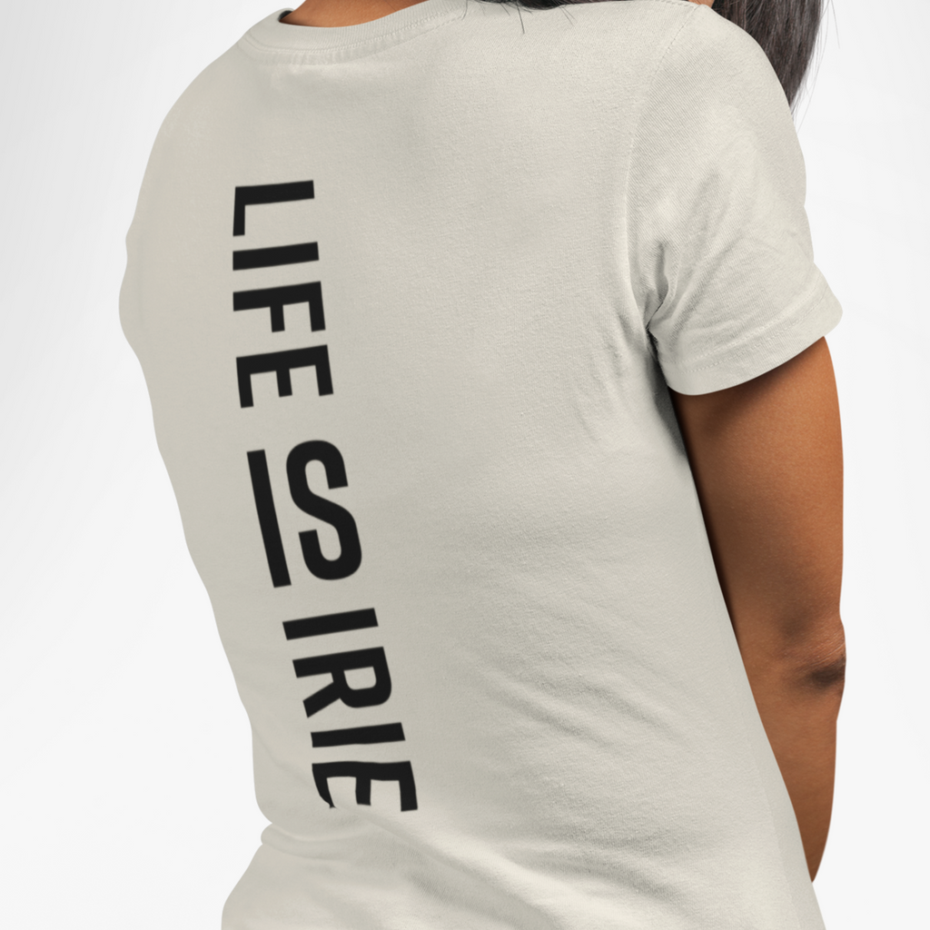 T-shirt with heart symbol and back "life is irie" text