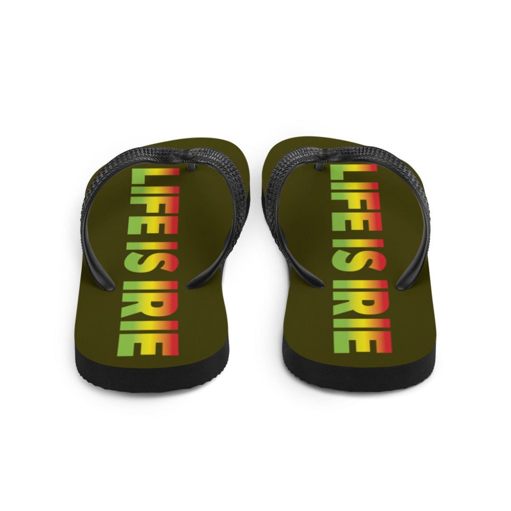 LIFE IS IRIE rubber sole flip-flop lined with a silky red, gold, and green soft fabric for comfort. 